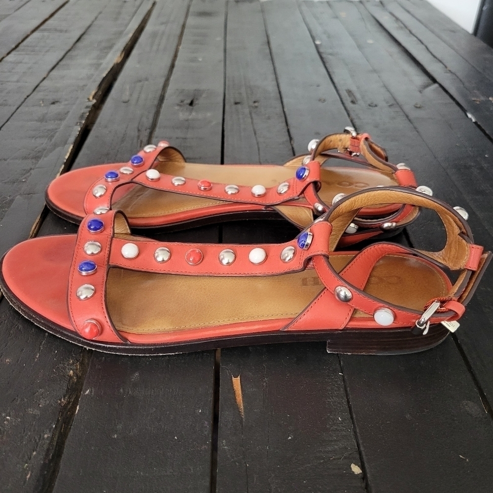 Coach Sadie Coral Orange Leather Sandals Women's 8.5 Studded Colorful - Picture 2 of 7